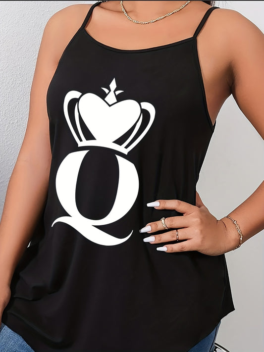 Women's Plus Letter Crown Print Stretch Sleeveless Cami Top