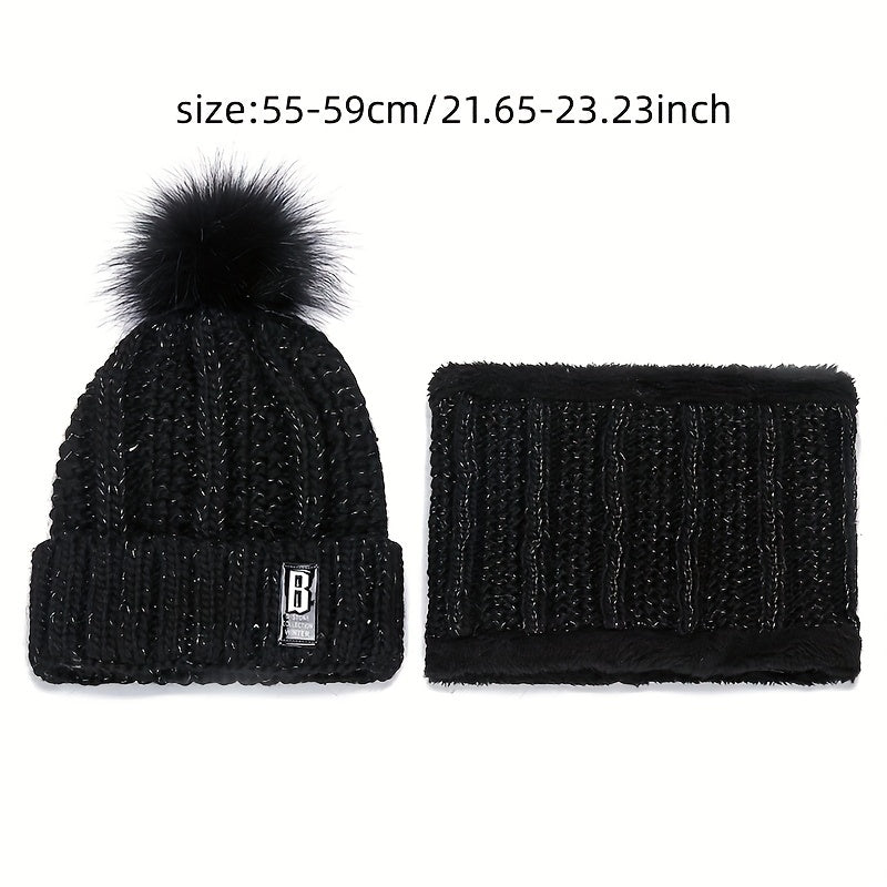 2pcs Beanie & Scarf Set Winter Warm Pompom Knit Hat & Ribbed Loop Scarf