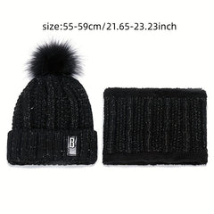 2pcs Beanie & Scarf Set Winter Warm Pompom Knit Hat & Ribbed Loop Scarf