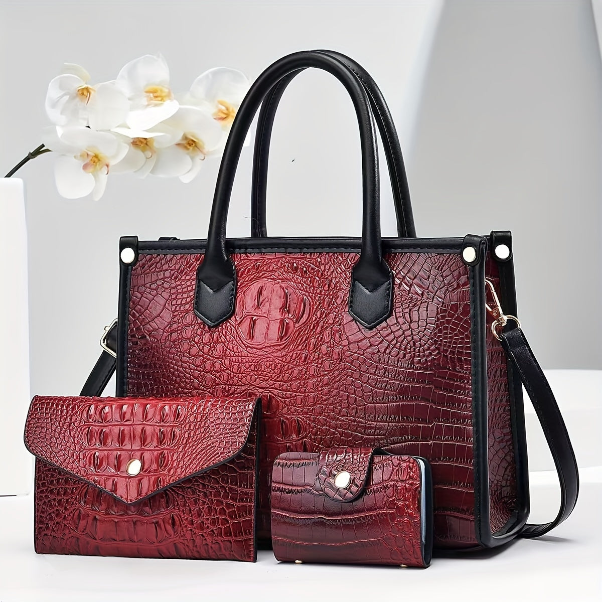 3pcs Crocodile Pattern Faux Leather Handbag Set