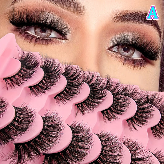 7 Pairs Fluffy Volumized Faux Mink Eyelashes - Cat Eye Look, 17mm