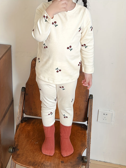 Girl's Pear Print Pajama Set 2pcs Long Sleeve Top & Pants