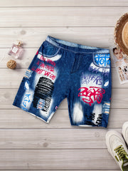 Plus Denim & Letter Print High Rise Skinny Shorts