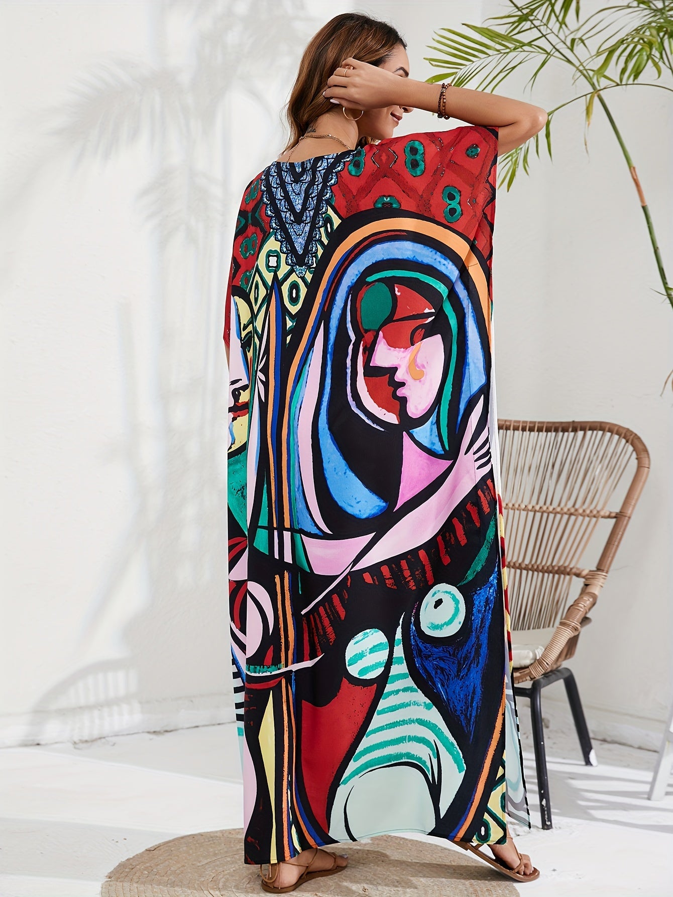  Abstract Face Print Kaftan Maxi Cover Up
