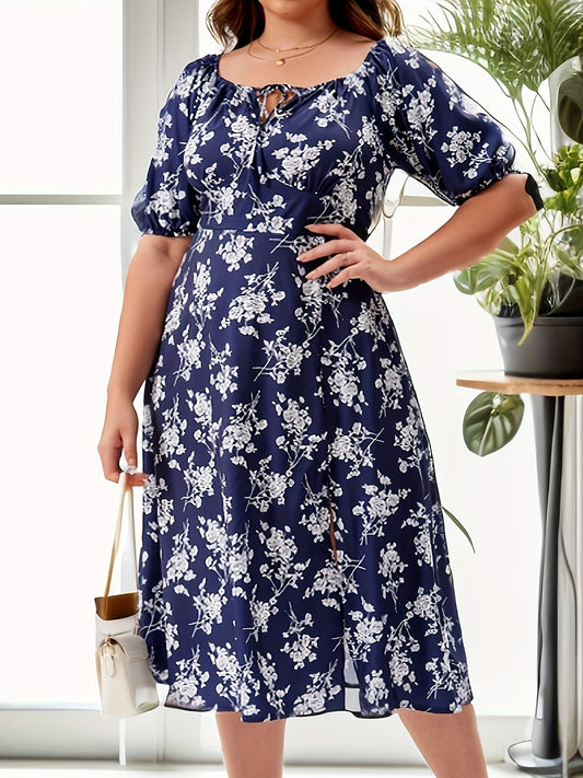  Floral Bubble Sleeve Square Neck Knot Midi Dress