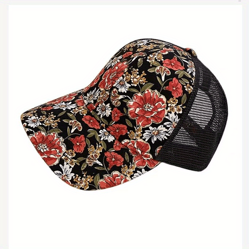 Red Flower Print Trucker Hat Breathable Sunscreen Dad Cap