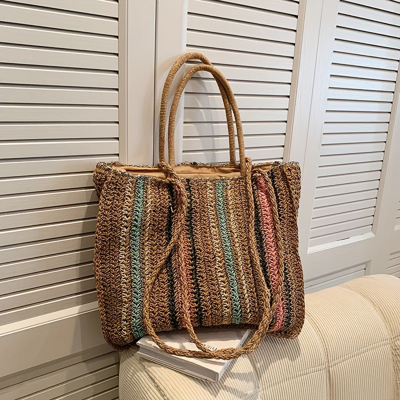 Rainbow Straw Beach Bag Colorblock Shoulder Bag For Travel Vacation