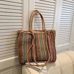Rainbow Straw Beach Bag Colorblock Shoulder Bag For Travel Vacation