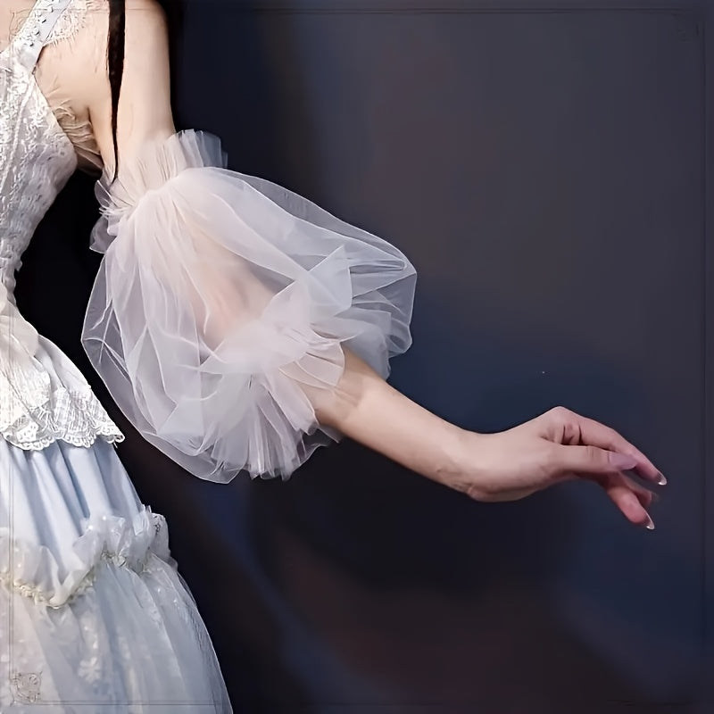 Light Tulle Wedding Dress with Puff Sleeves and Floral Embellishments
