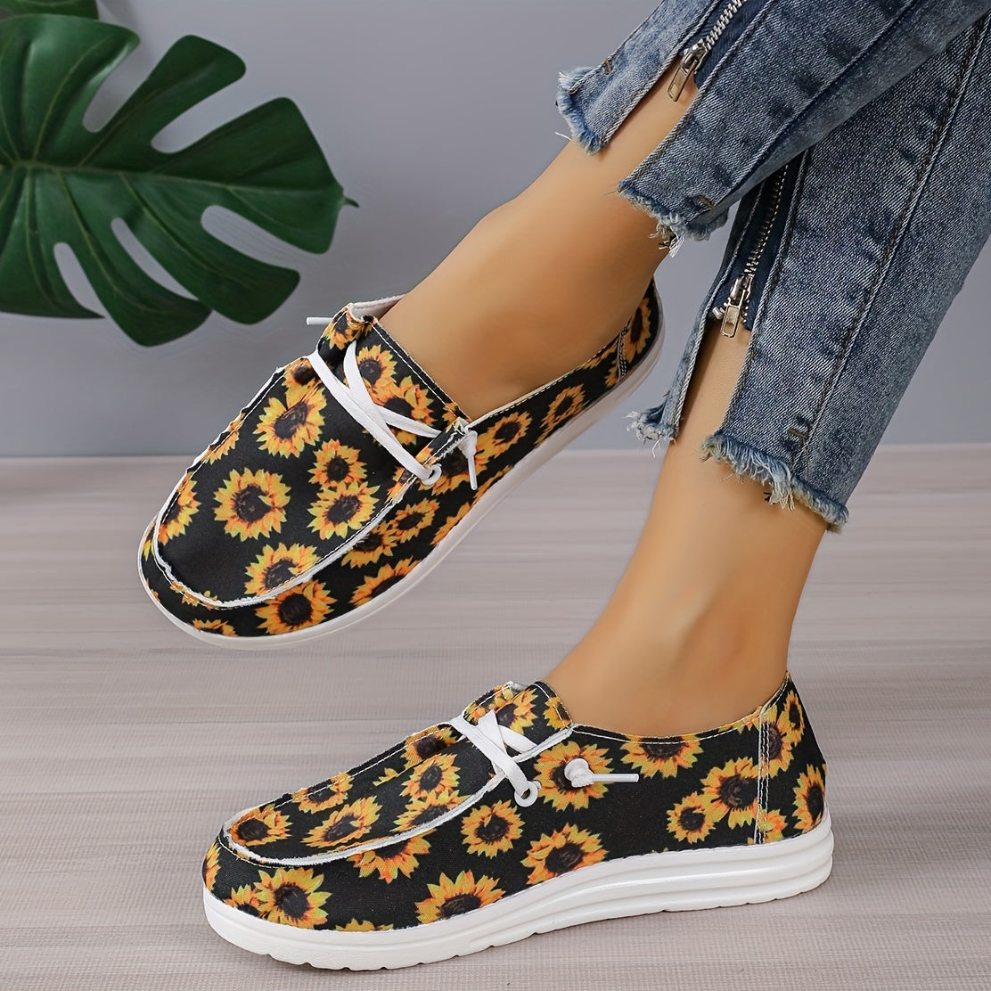 Women's Sunflower Print Canvas Shoes Casual Lace Up Lightweight Low Top Loafers