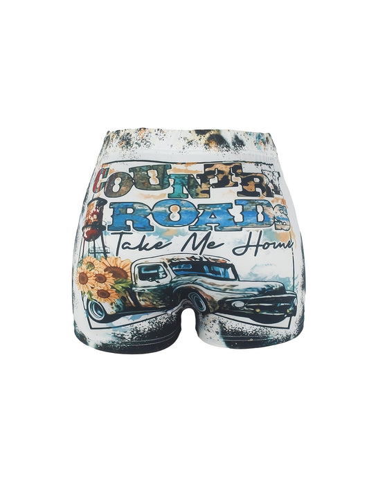 Letter & Truck Print Skinny Shorts