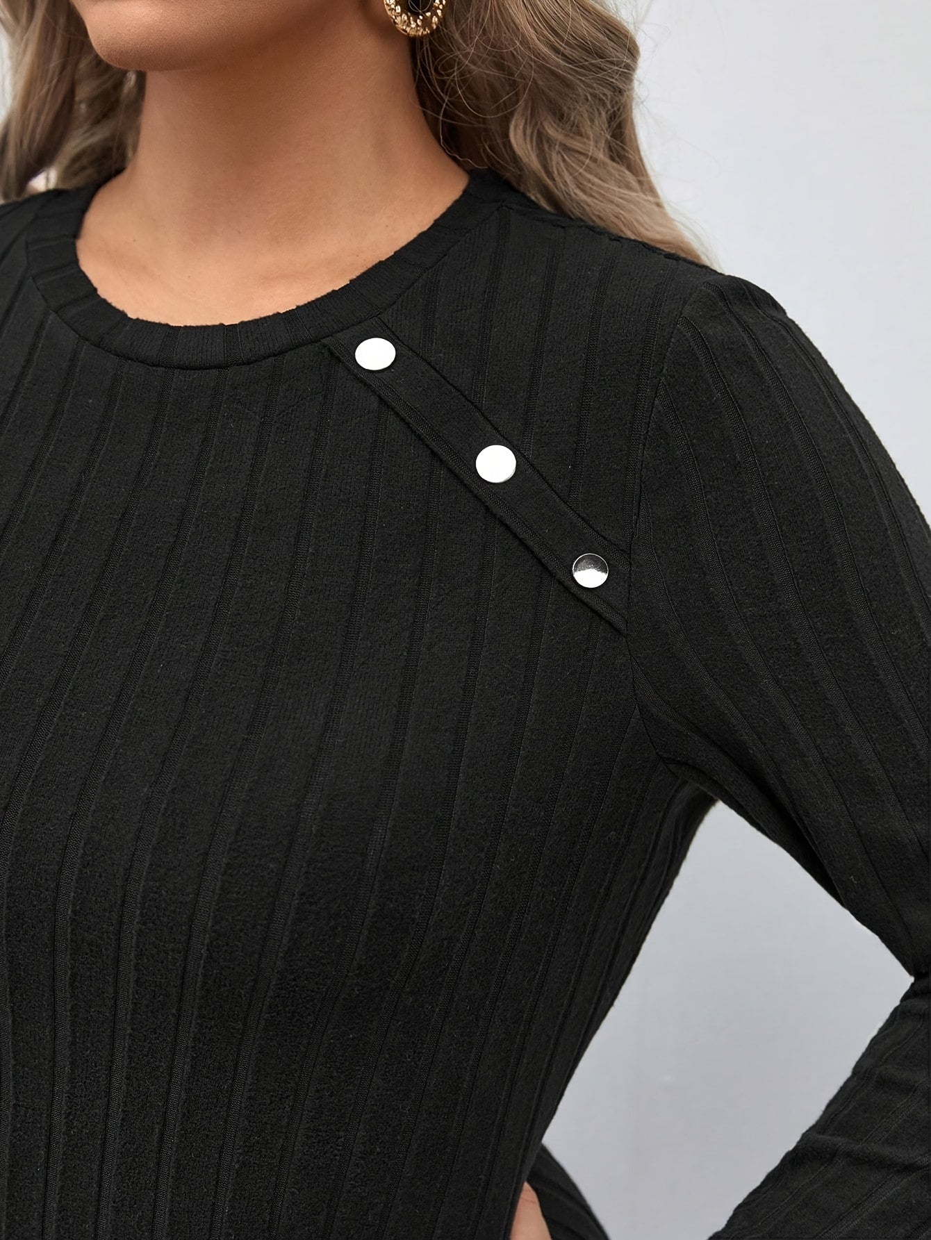  Casual Dress Women's Plus Solid Ribbed Button Decor Long Sleeve Dress