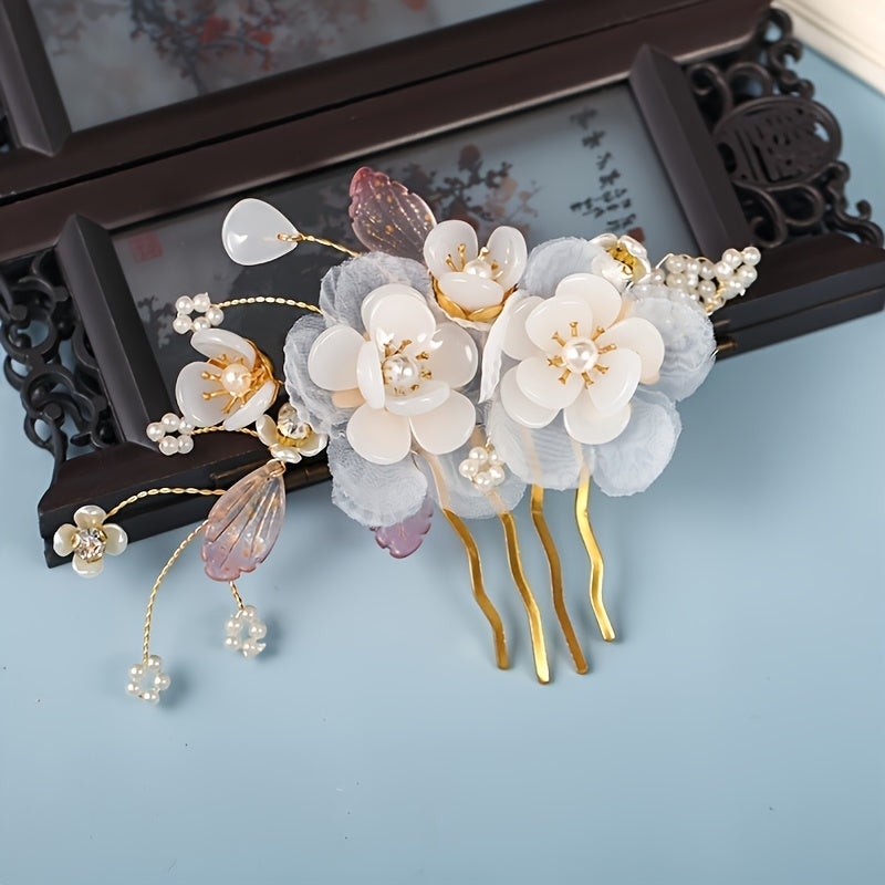 Chinese Style Faux Pearl Floral U-shaped Hair Pin