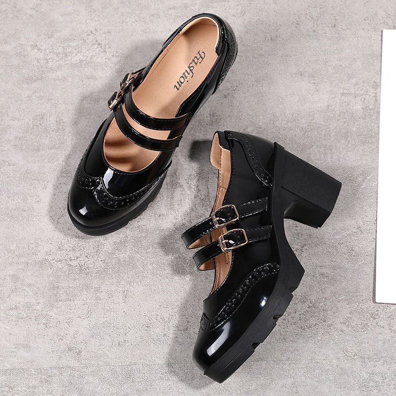 Women's Buckle Strap High Heel Mary Jane Patent Leather Chunky Heels