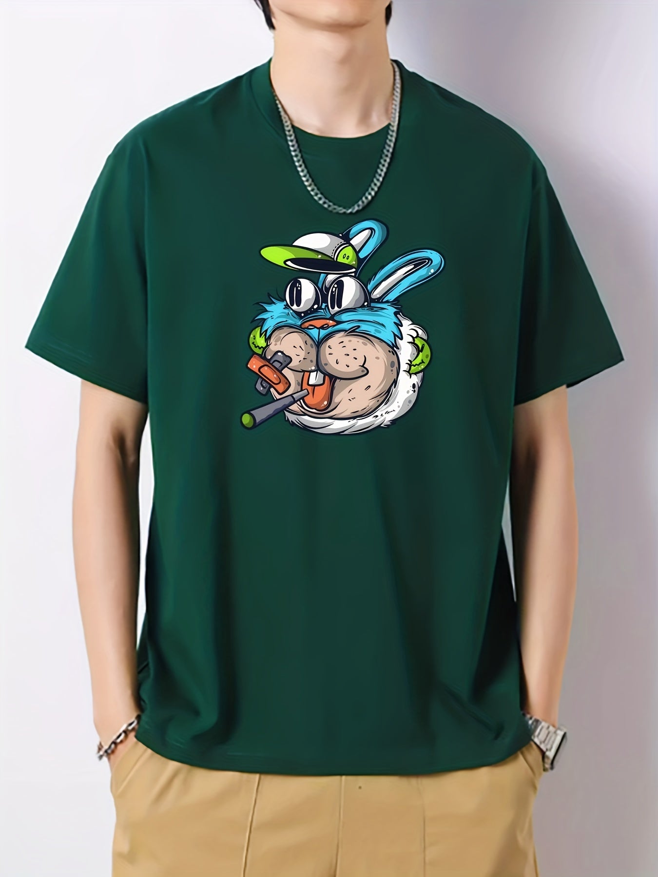 Cartoon Rabbit Print Men's Cotton Graphic Crew Neck Active T shirt