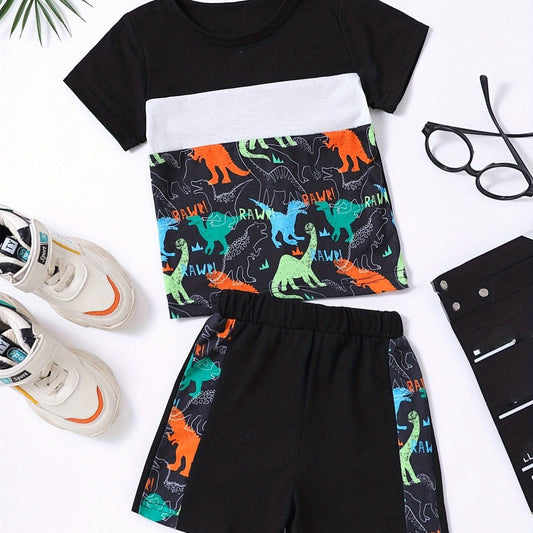 Toddler Boys Letter Dinosaur Print Tee Track Shorts Set