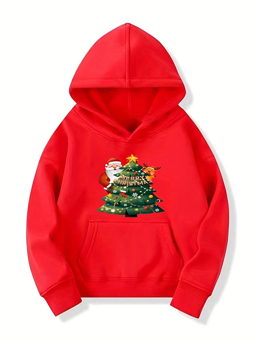 Girls Santa Print Hooded Sweatshirt Casual Pullover for Party Holiday