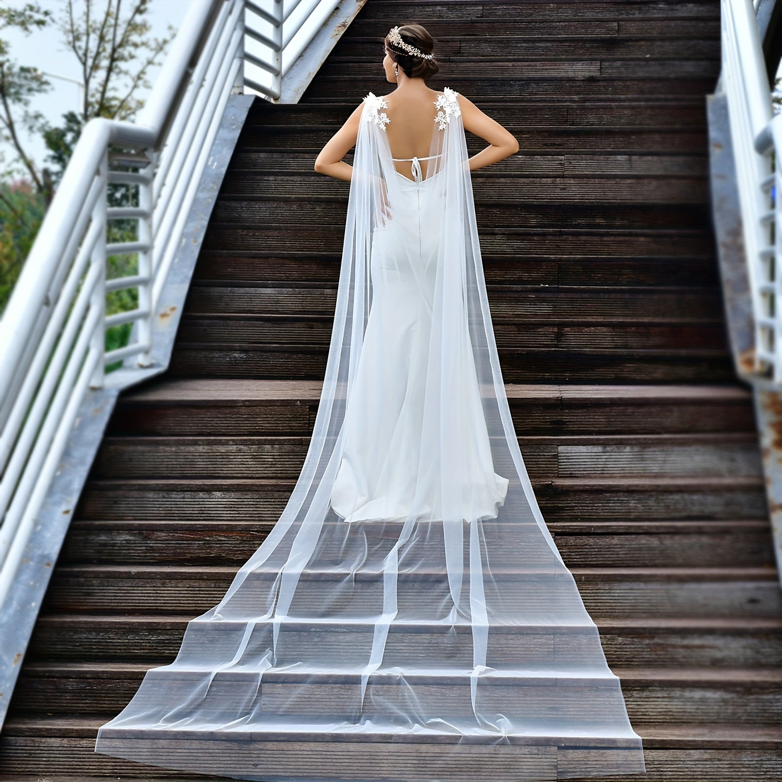 Bridal Veil Shawl Glamorous Style 100 Yarn with Lace Applique