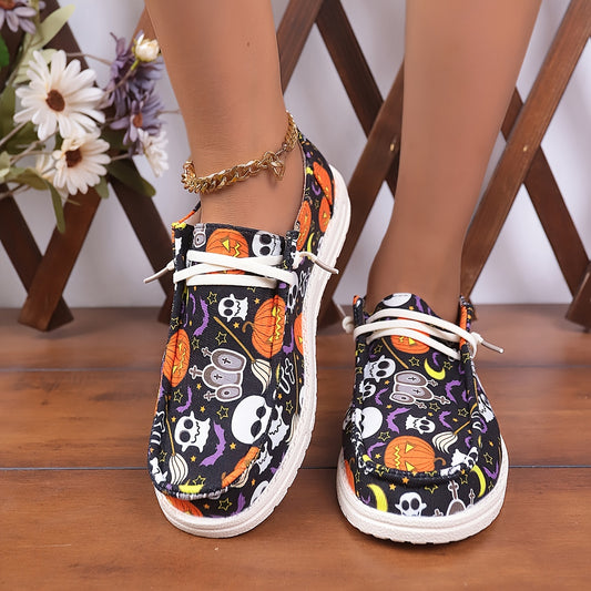 Women's Pumpkin & Ghost Pattern Shoes Slip On Low Round Toe Non slip Canvas Shoe
