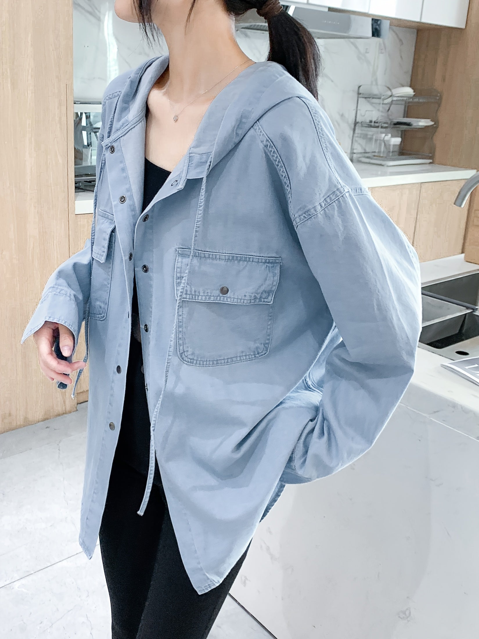 Plus Size Hooded Denim Blouse Long Sleeve Button Up
