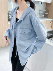 Plus Size Hooded Denim Blouse Long Sleeve Button Up