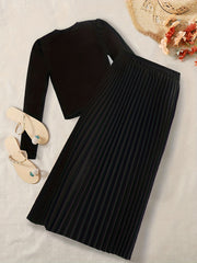 Solid Two piece Set Crew Neck Long Sleeve Tops & Pleated Skirts