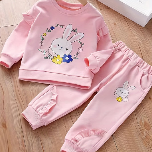 Girl's Rabbit Print 2pcs Sweatshirt & Sweatpants Set for Spring Fall