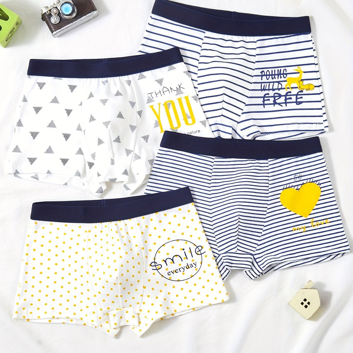 4pcs Boys Boxer Briefs Elastic Waist Stripe Polka Dot Print Soft Underwear