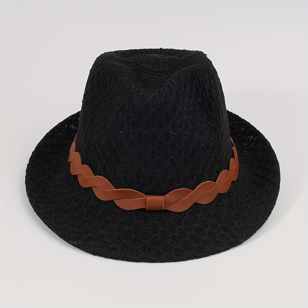 Stylish Belt Decor Sun Hat Crochet Short Brim Jazz Fedora Cap