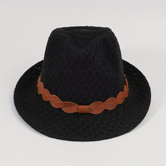Stylish Belt Decor Sun Hat Crochet Short Brim Jazz Fedora Cap