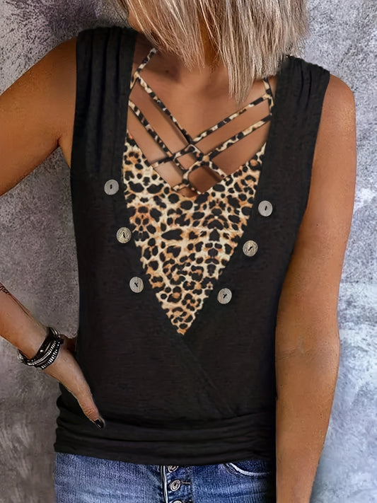  Colorblock Leopard V-Neck Tank Top