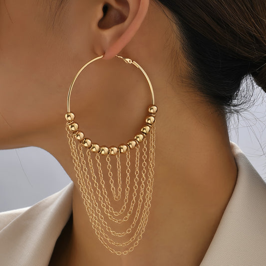 Golden Circle Tassel Hoop Dangle Earrings 18K Plated Ornaments