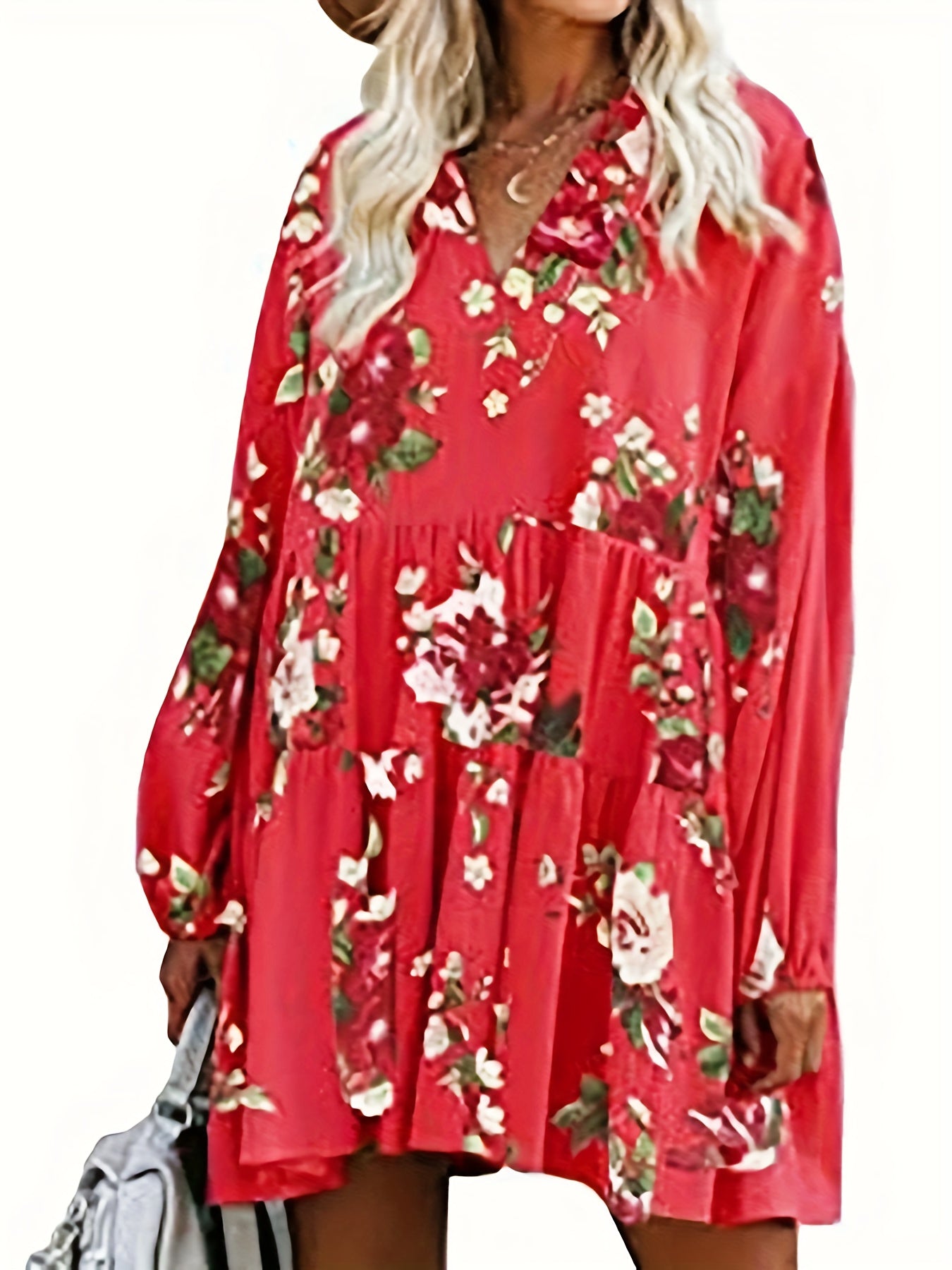  Floral Print Lantern Sleeve V Neck Smock Mini Dress