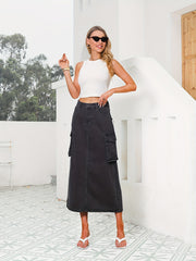 Cargo Pocket Split Denim Skirt High Rise Solid A line Long Denim Skirt