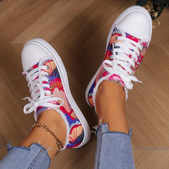Women's Art Printed Canvas Low Top Sneakers Lace Up Round Toe Casual Shoes