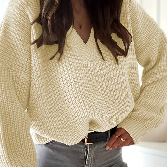 Women's Plus V-Neck Sweater Solid Long Sleeve Pullover Jumper