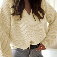 Women's Plus V-Neck Sweater Solid Long Sleeve Pullover Jumper