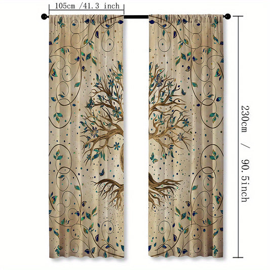 2pc Yellow Tree of Life Pattern Curtains with Pillowcase - Rod Pocket Style