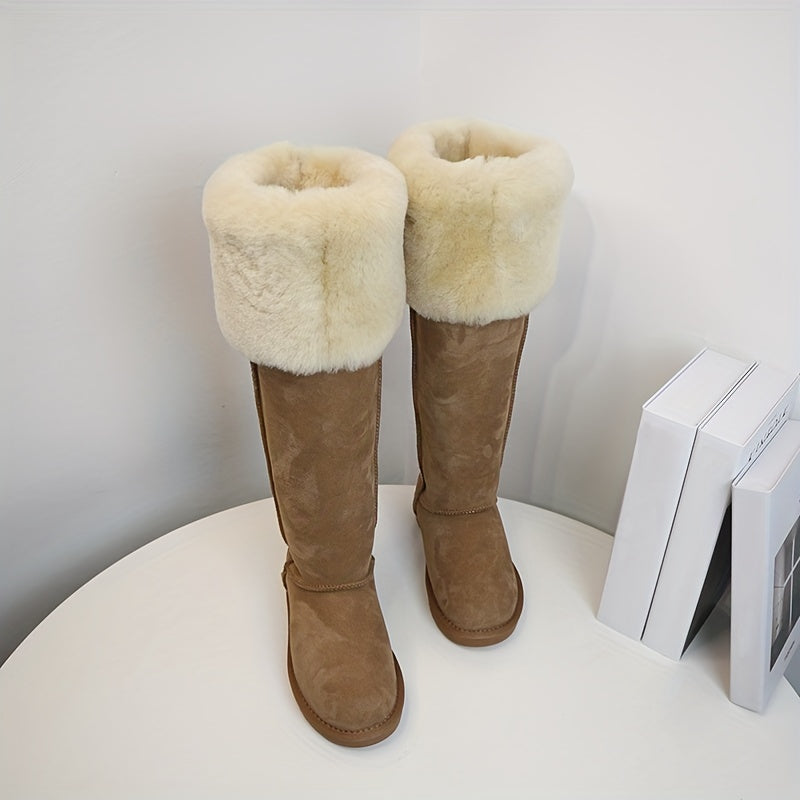 Women's Plush Snow Boots Slip On Leather Button Winter Boots