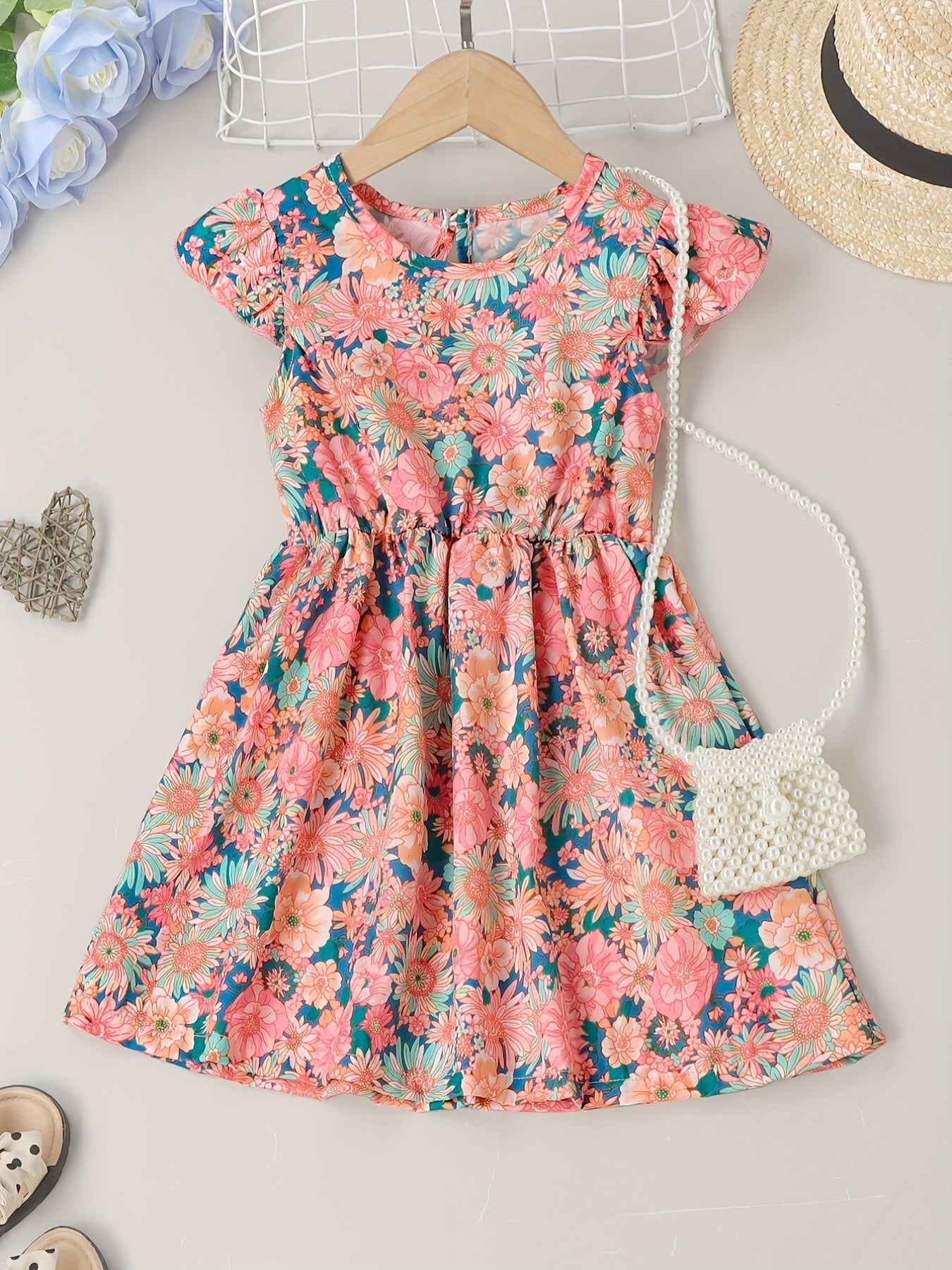 Girls Ruffle Trim Flowers Graphic Princess Dress For Party Beach Vacation