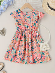 Girls Ruffle Trim Flowers Graphic Princess Dress For Party Beach Vacation