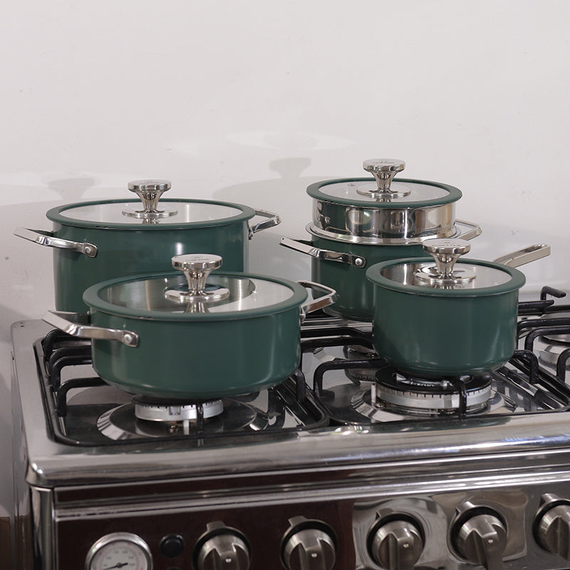 4pcs Stainless Steel Cooking Pot Set Beige Pink Green Ceramic Spray