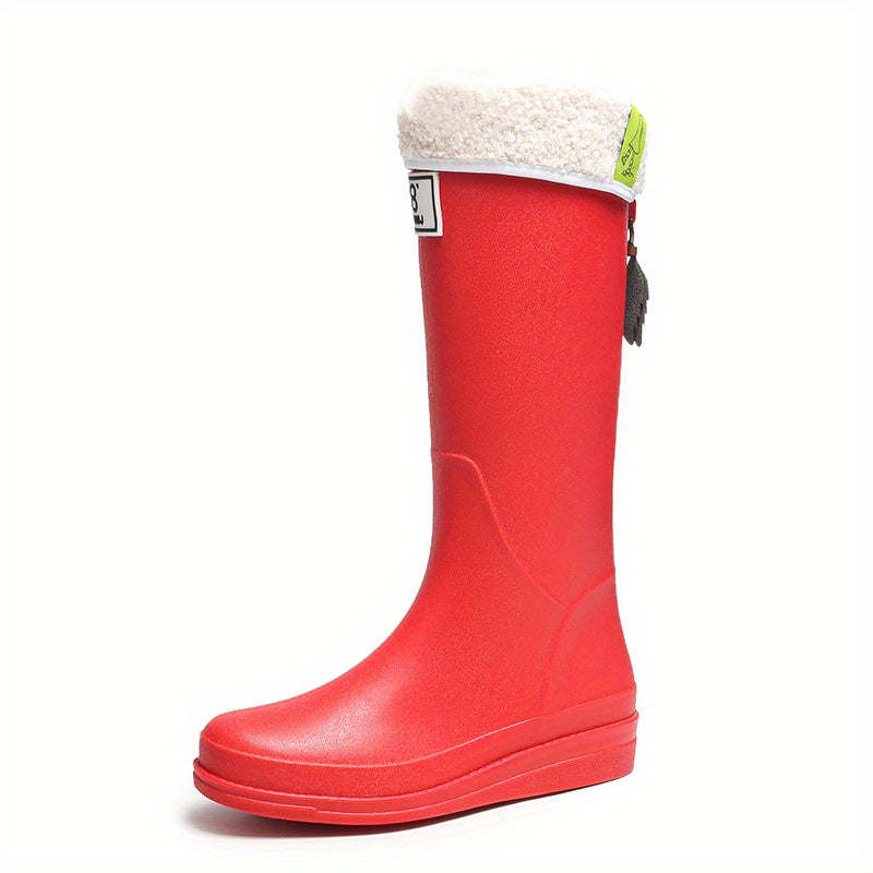 Red Fleece Liner Rain Boots Waterproof Slip on High Boots