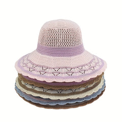 Knitted Bucket Hat Hollow Breathable Sunscreen Beach Hats Wide Brim