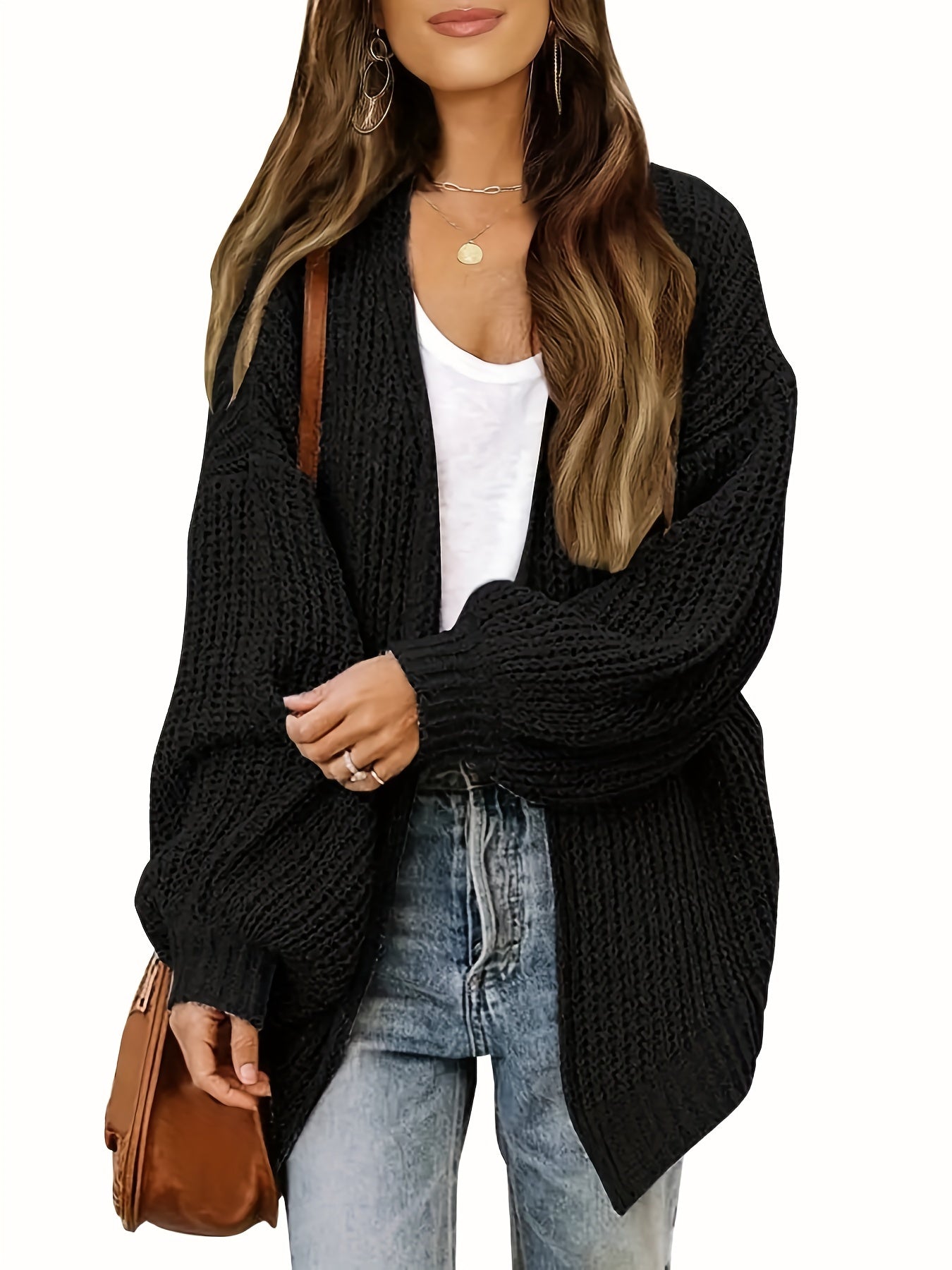 Solid Knit Cardigan Open Front Long Sleeve Sweater Women's Clothing