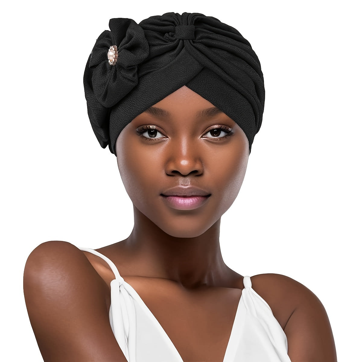 Faux Pearl Flower Turban Cap Bowknot Pleated Head Wraps Elastic Ramadan Head Sca