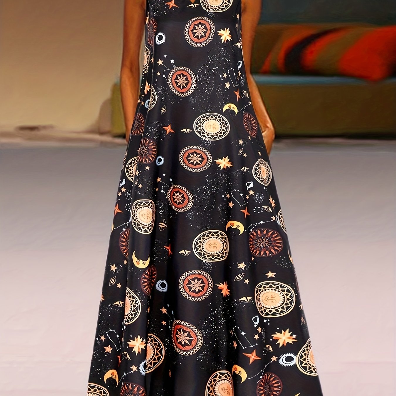 Planet Print Notched Neck Tank Maxi Dress Plus Size