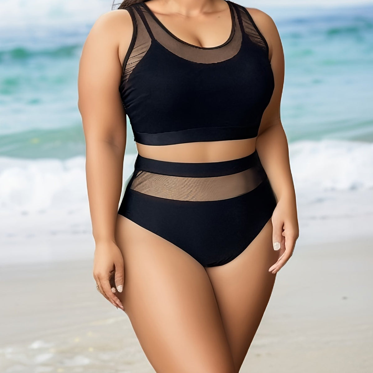  Mesh Tank Bra & High Waisted Panty Swimsuit Set