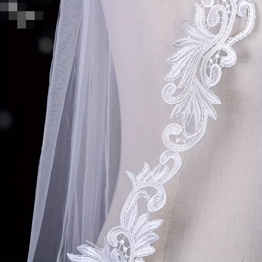 Short Floral Lace Bridal Veil Headpiece for Wedding Hair with Cut Out Patterns