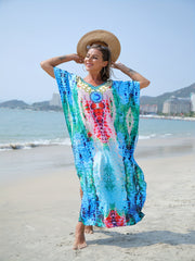  Boho Cover Up Women's Plus Tribal Print Batwing Sleeve V Neck Split
